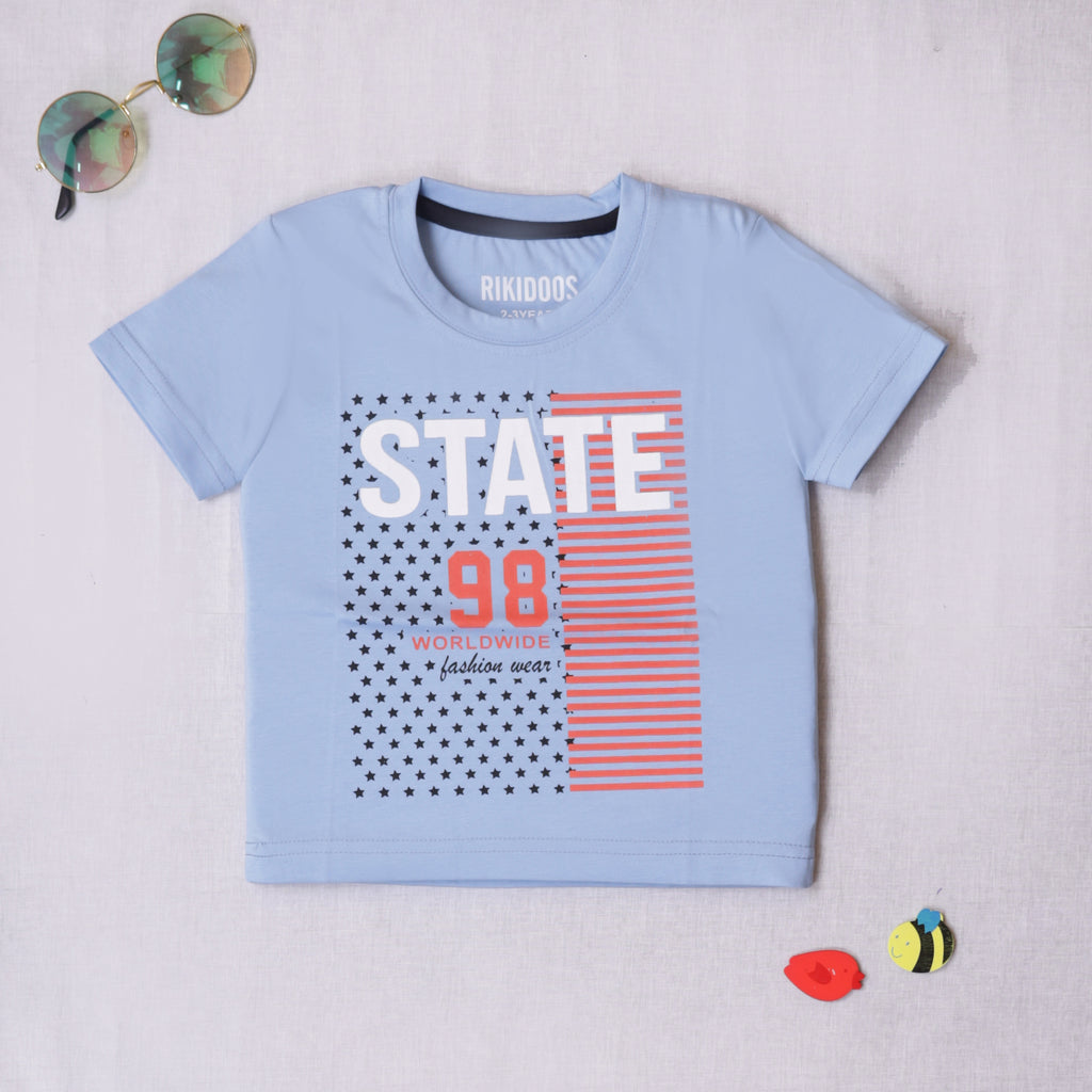 Rikidoos STATE 98 PRINT Blue Half- Sleeve Graphic T-Shirt