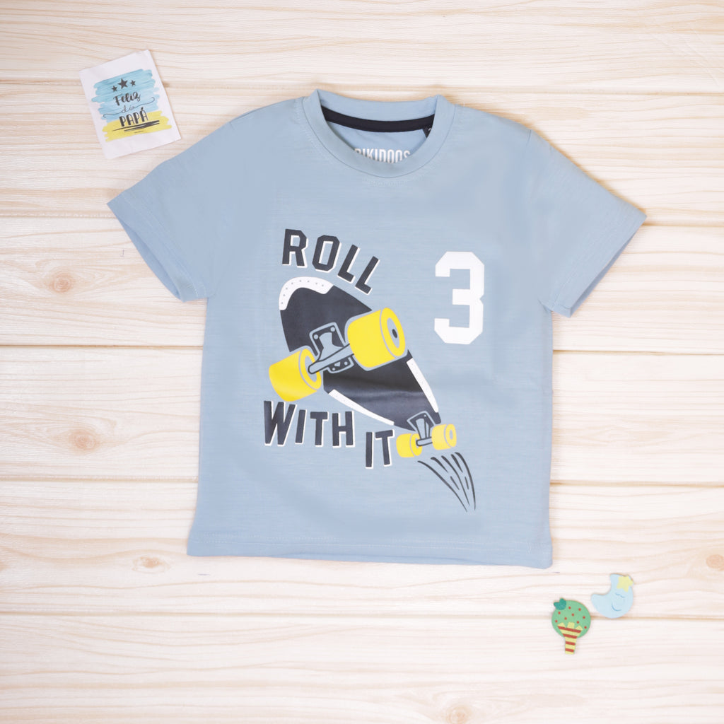 Rikidoos ROLL WITH IT Blue Half-Sleeves Graphic T-Shirt