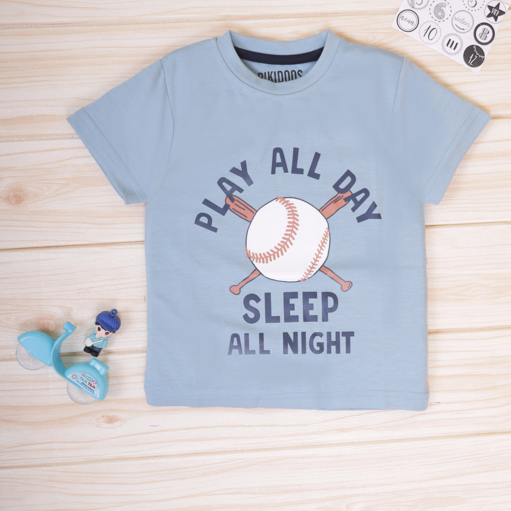 Rikidoos PLAY ALL DAY, SLEEP ALL NIGHT Boys Khaki Half-Sleeves Graphic T-Shirt