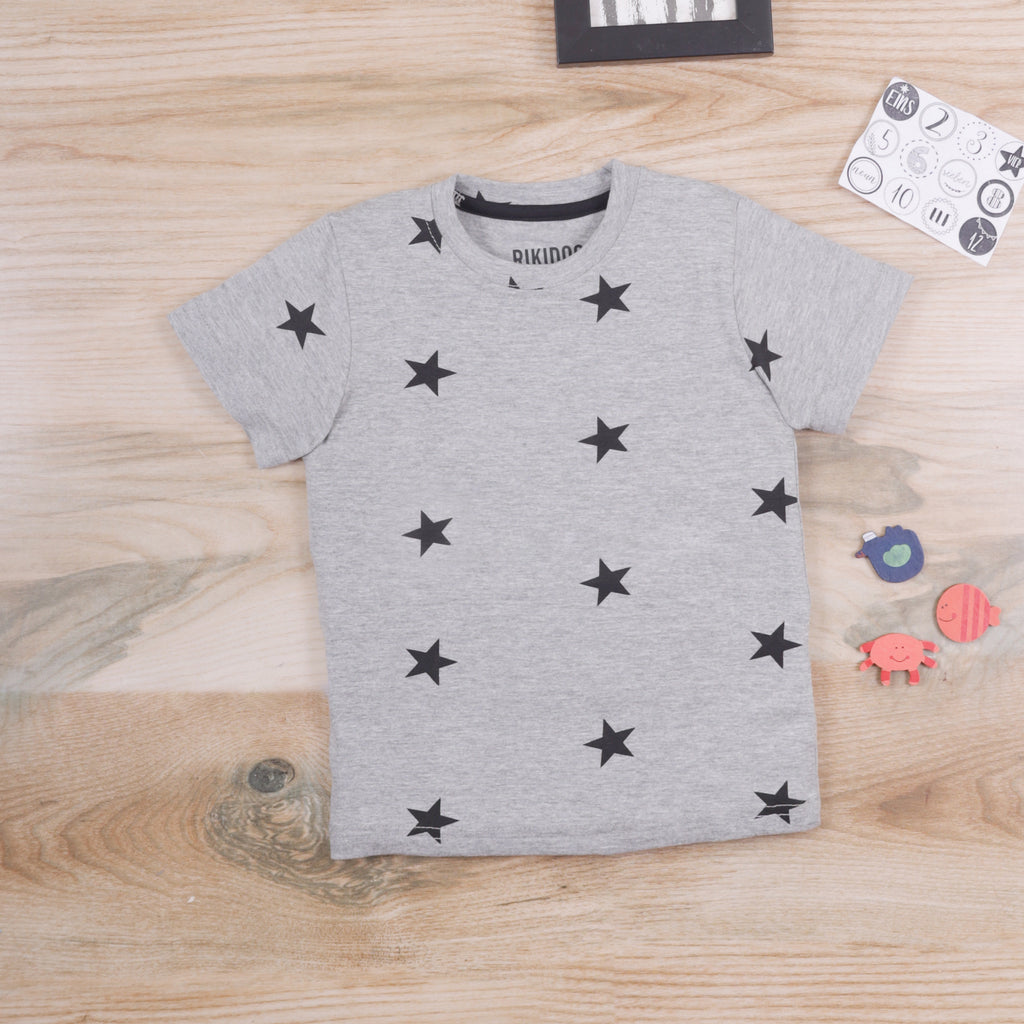 Rikidoos BLACK STARS Grey Half-Sleeves Graphic T-Shirt