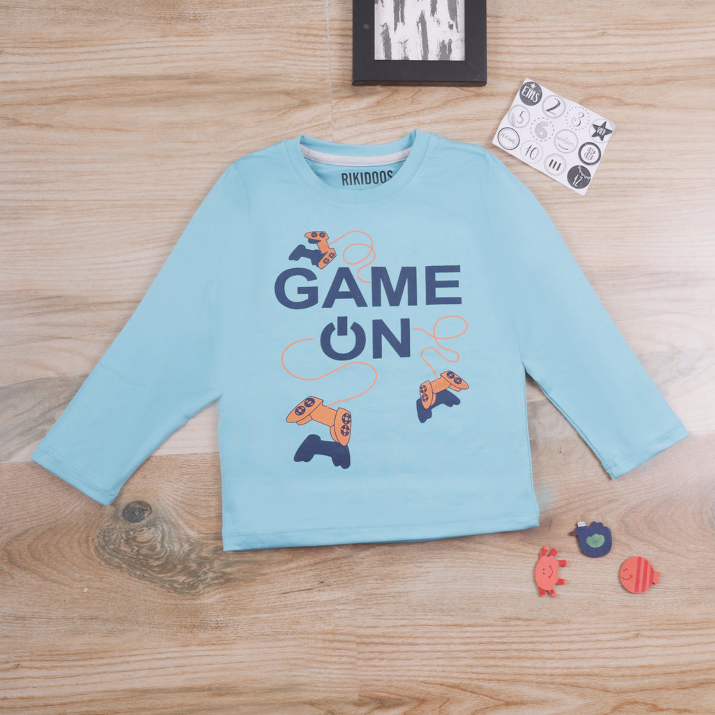 Rikidoos GAME ON Sky Blue Half-Sleeve Graphic T-Shirt