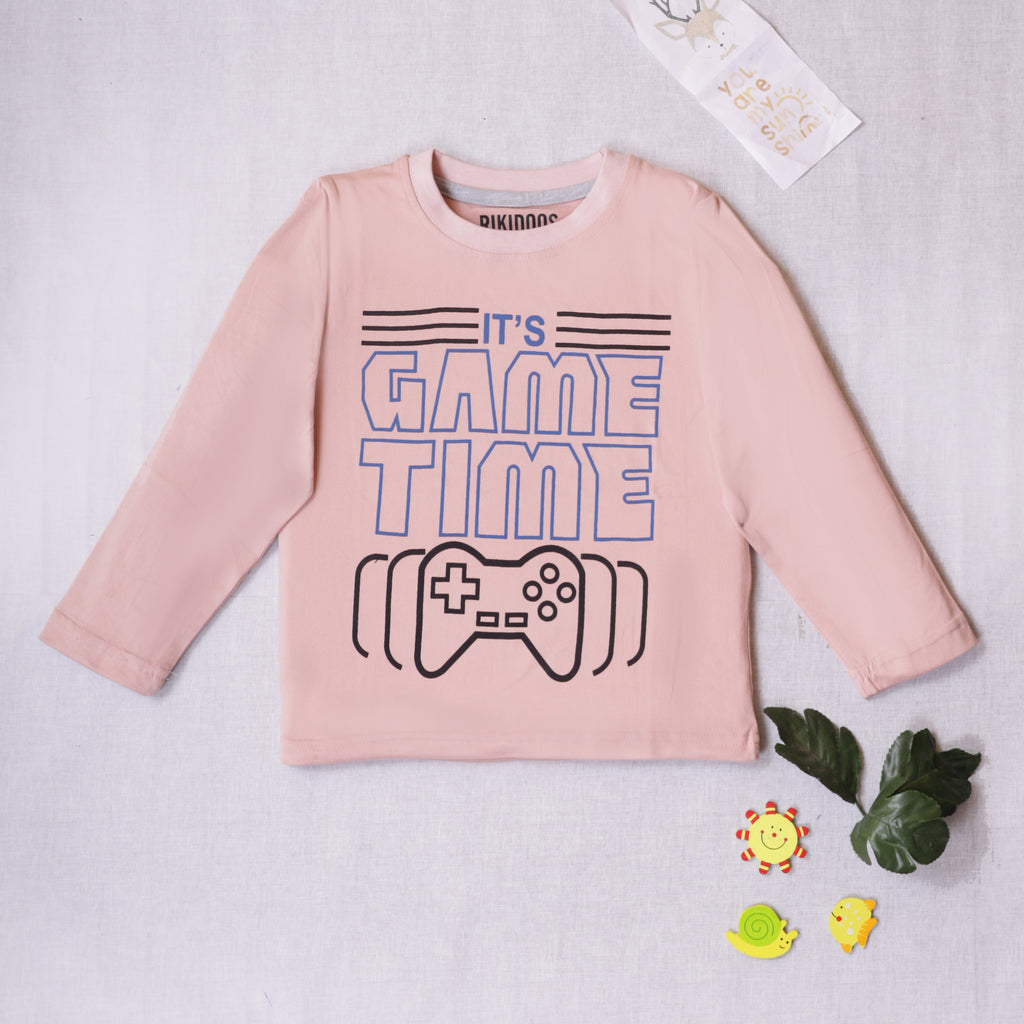 Rikidoos IT'S GAME TIME Peach Full-Sleeve Graphic T-Shirt