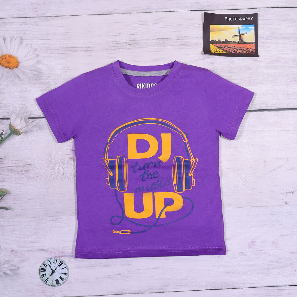 Rikidoos DJ TURN THE MUSIC UP Purple Half-Sleeve Graphic T-shirt