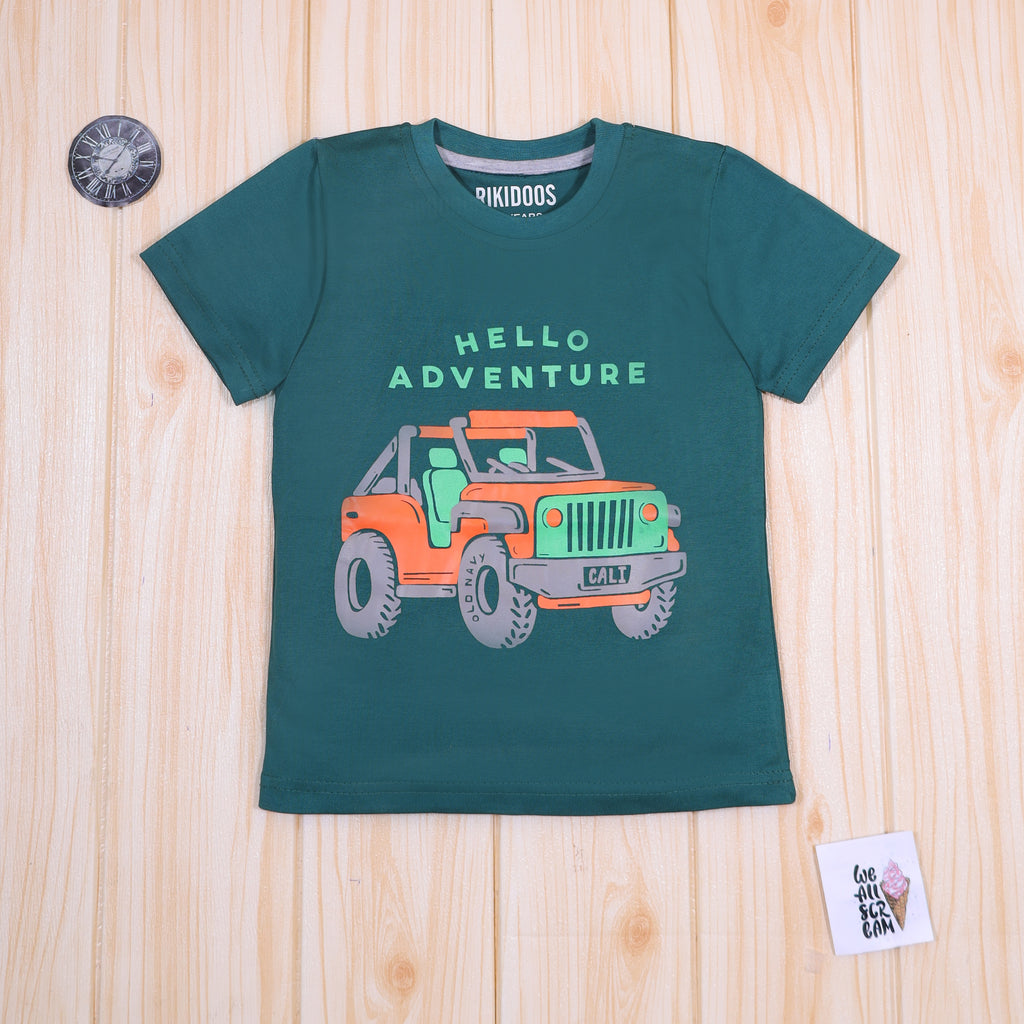 Rikidoos HELLO ADVENTURE Green Half-Sleeve Graphic T-Shirt