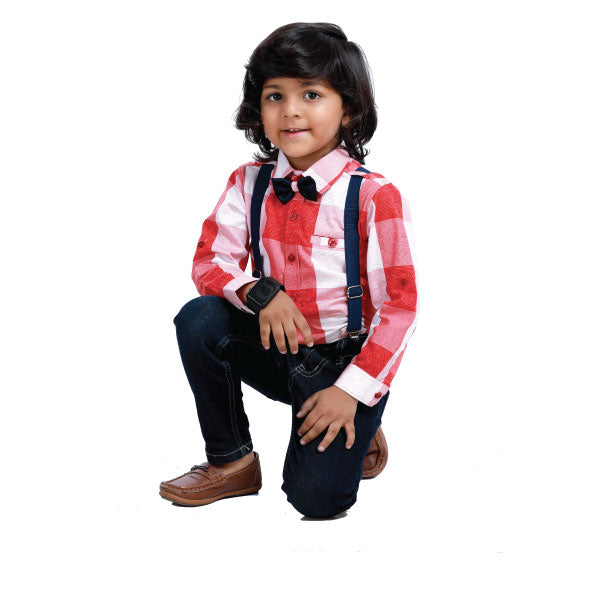 Rikidoos Checkered Red & White Full Sleeves Shirt with a  Suspender & a Bow Tie