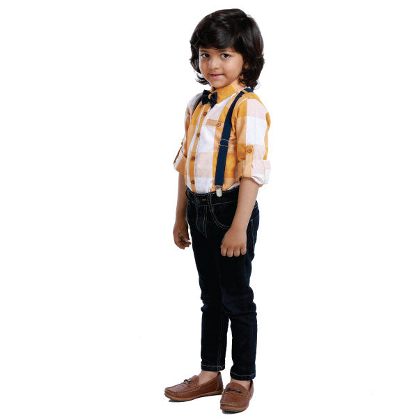 Rikidoos Checkered Yellow & White Full Sleeves Shirt with a  Suspender & a Bow Tie