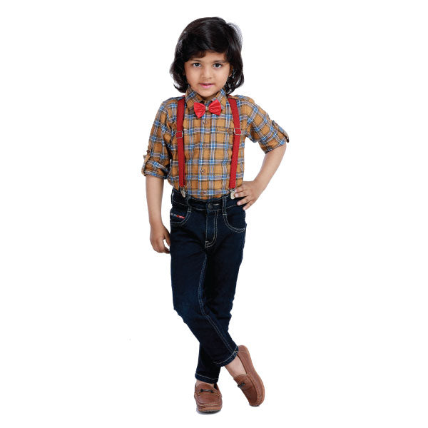 Rikidoos Checkered Yellow & Blue Full Sleeves Shirt with a Red Suspender & a Bow Tie