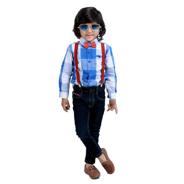 Rikidoos Checkered Blue & White Full Sleeves Shirt with a  Suspender & a Bow Tie