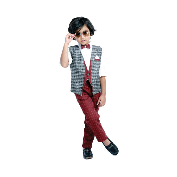 Rikidoos Black Striped Waistcoat with a White Shirt, Maroon Striped  Pant & a Bow Tie