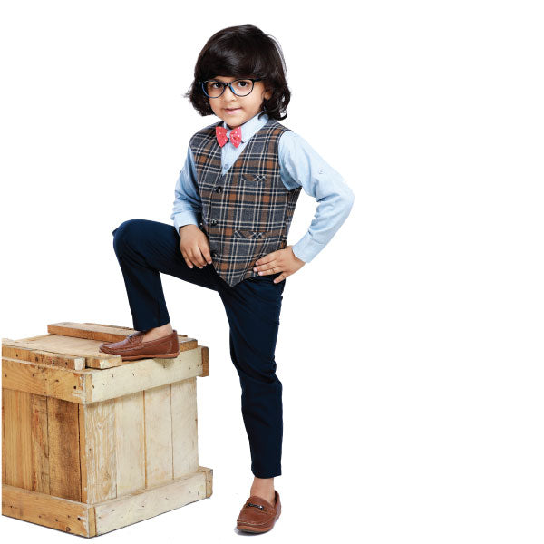 Rikidoos Checkered Waistcoat with a Light Blue Shirt, Dark Blue Pant  & a Bow Tie