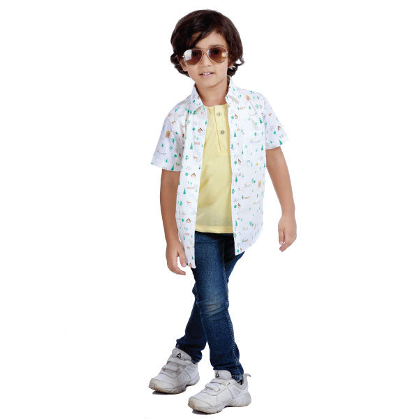 Rikidoos White Printed  Half- Sleeves Shirt with an attached Half  Sleeves Yellow T-Shirt
