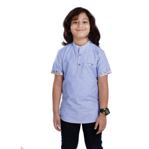 Rikidoos Solid Sky Blue Half- Sleeves Kurta Shirt with Floral Sleeve end