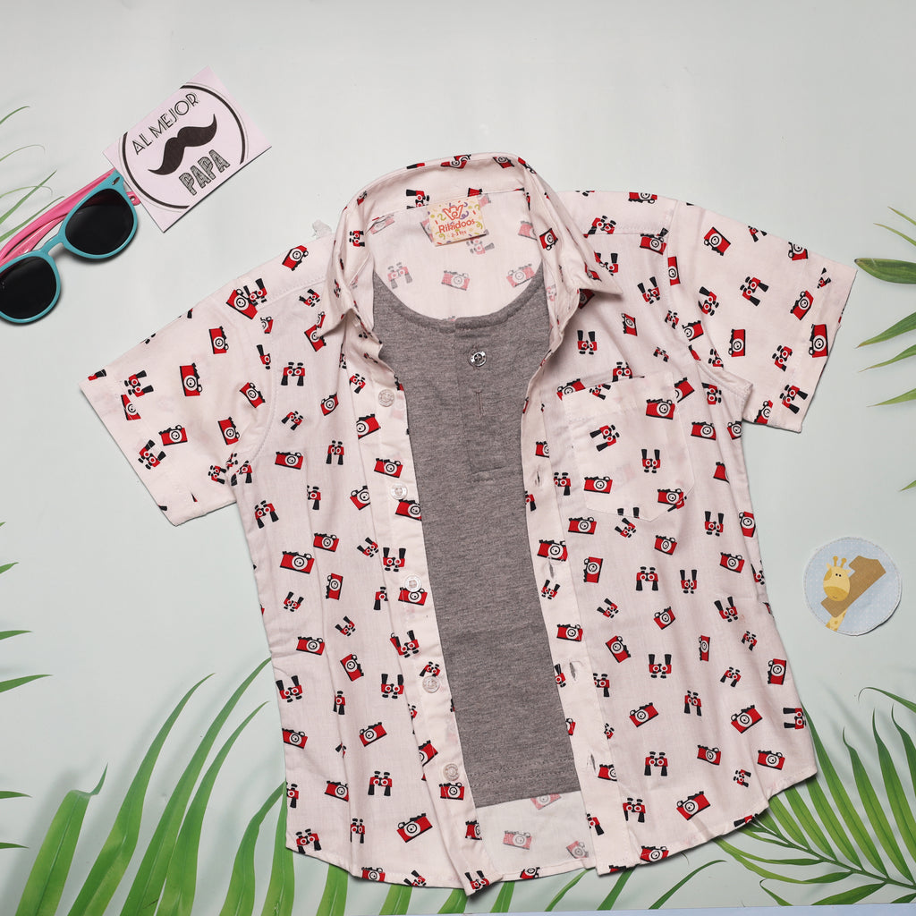 Rikidoos Baby Pink Camera Print Half Sleeves Shirt with an attached Brown Half Sleeves T-Shirt