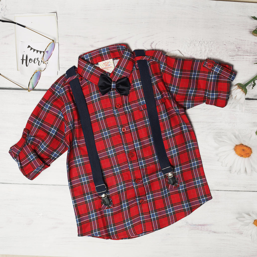 Rikidoos Red Checkered Full Sleeves Shirt with a Bow Tie & Suspender