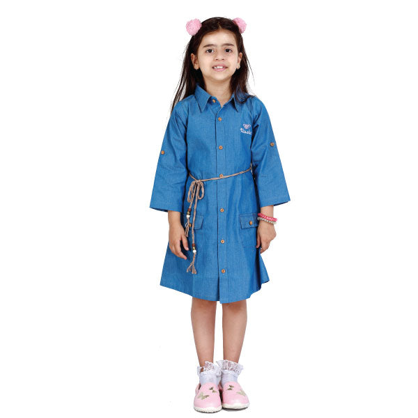 Rassha Blue Full Sleeves Buttoned Dress with Rope Knot