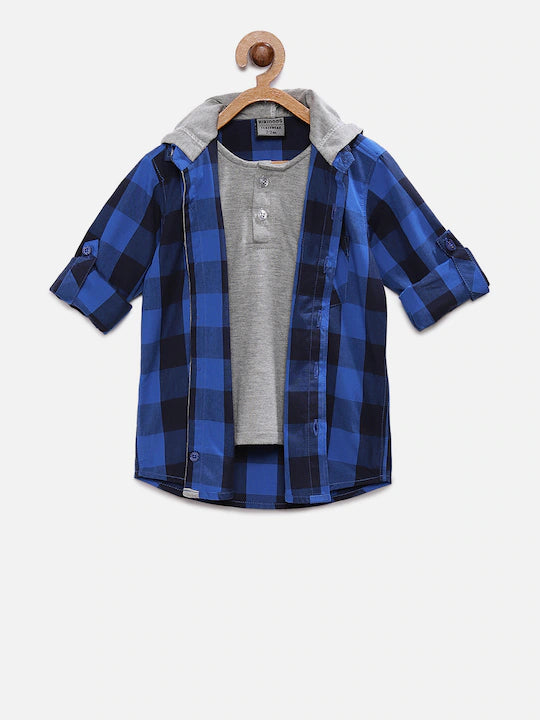 Rikidoos Blue & Black Checked Casual Hooded Shirt