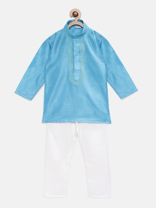 Rikidoos Blue & White Solid Kurta with Pyjamas