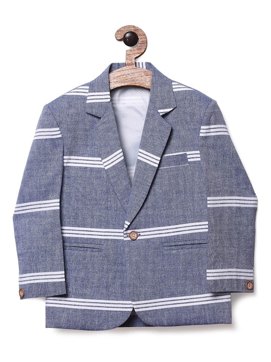 Rikidoos Blue & White Striped Comfort Fit Single-Breasted Blazer