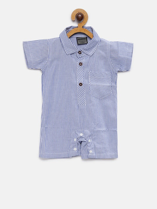 Rikidoos Blue & White Striped Rompers with a Bow-Tie