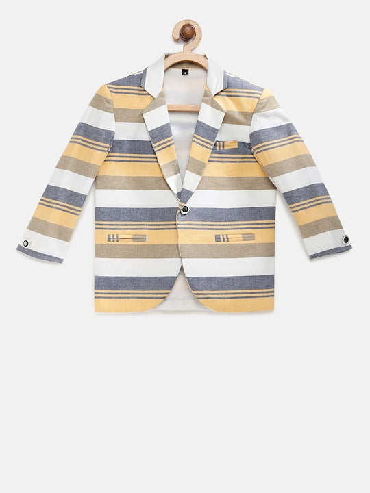 Rikidoos Blue & Yellow Striped Single-Breasted Casual Pure Cotton Blazer