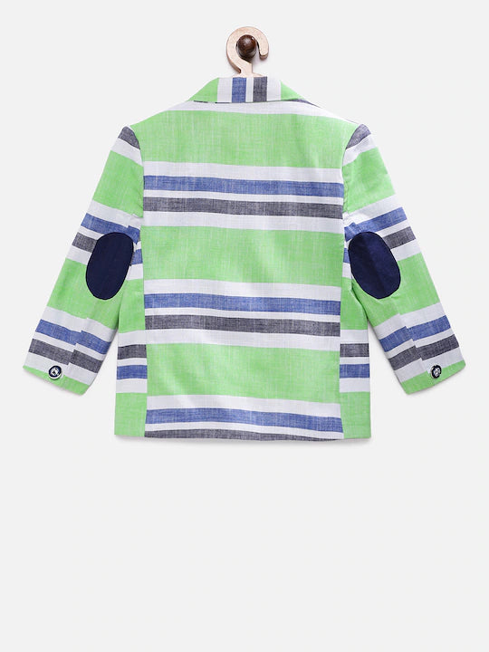Rikidoos Green Striped Tailored Fit Single-Breasted Pure Cotton Blazer
