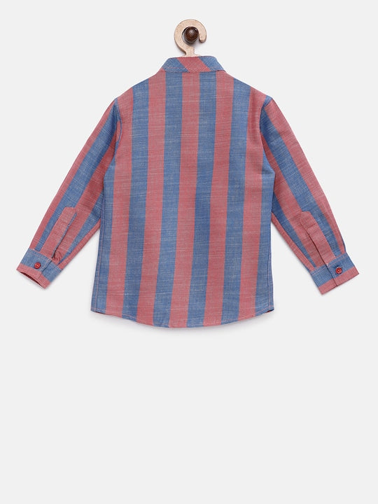Rikidoos Maroon & Blue Tailored Fit Striped Casual Shirt