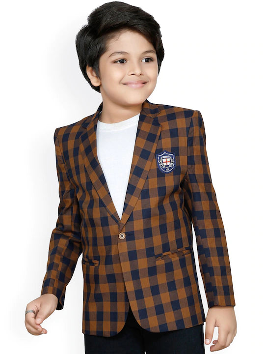 Rikidoos Mustard Yellow & Navy Blue Checked Single-Breasted Comfort-Fit Casual Blazer