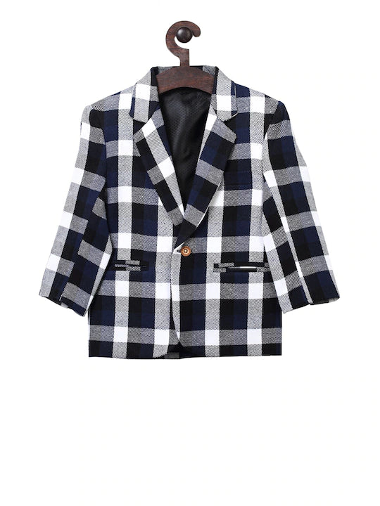Rikidoos Navy Blue & Black Checked Comfort-Fit Single-Breasted Blazer