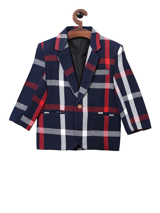 Rikidoos Navy Blue & Red Checked Comfort-Fit Single-Breasted Casual Blazer