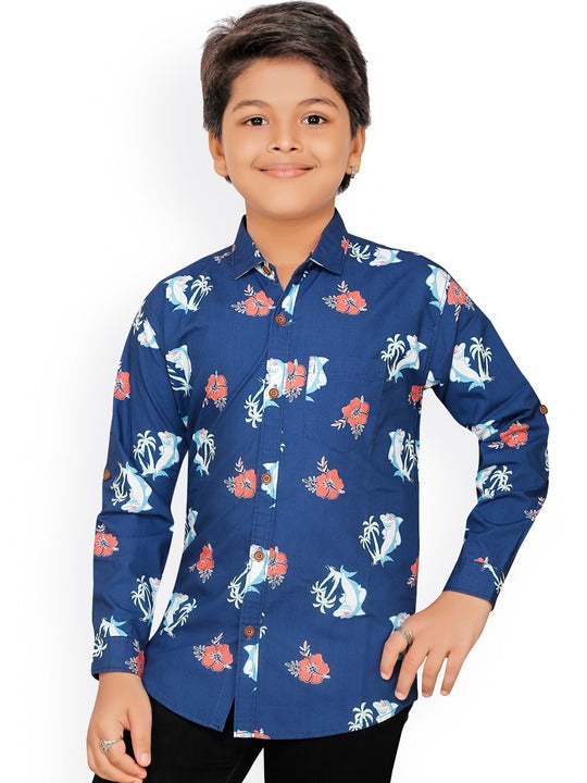 Rikidoos Navy Blue &amp; White Opaque Printed Cotton Casual Shirt