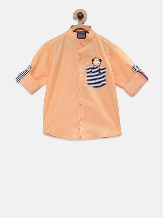 Rikidoos Peach-Coloured Tailored Fit Striped Casual Shirt