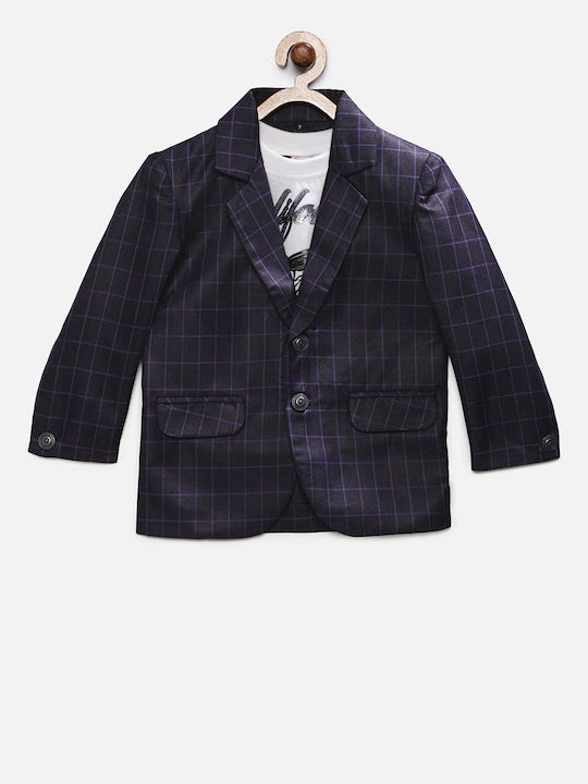 Rikidoos Purple &amp; Black Checked Double-Breasted Blazer With T-Shirt