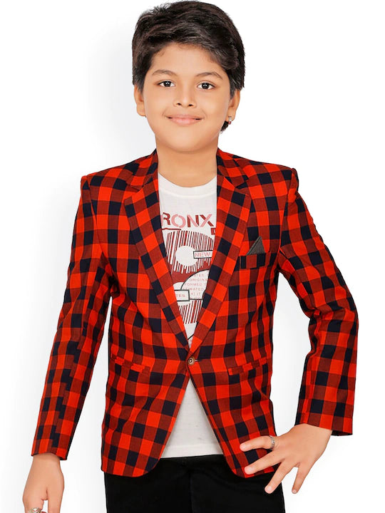 Rikidoos Red & Black Checked Cotton Single-Breasted Casual Blazer