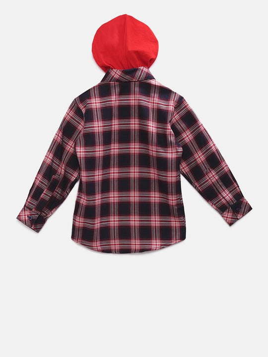 Rikidoos Red & Black Regular Fit Checked Hooded Casual Shirt