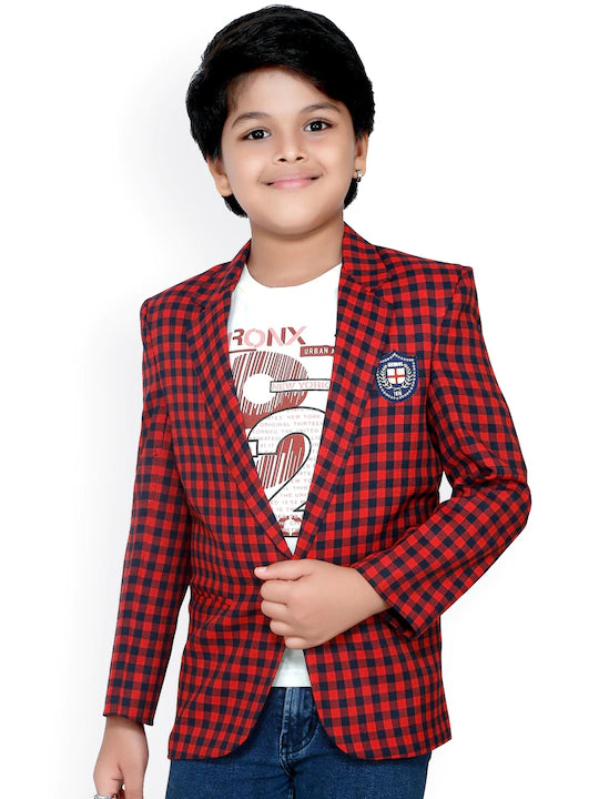 Rikidoos Red & Blue Checked Comfort-Fit Single-Breasted Blazer