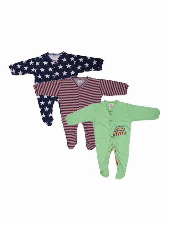 Rikidoos Set Of 3 Cotton Footed Rompers