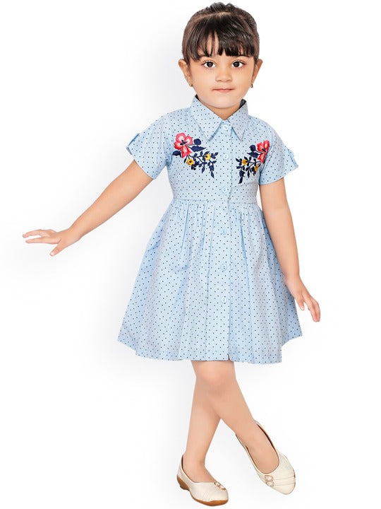 Rassha Collar Neck Blue Dotted Dress with Floral Print