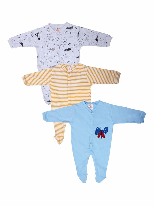 Rikidoos Pack of 3 White &amp; Blue Printed Cotton Rompers