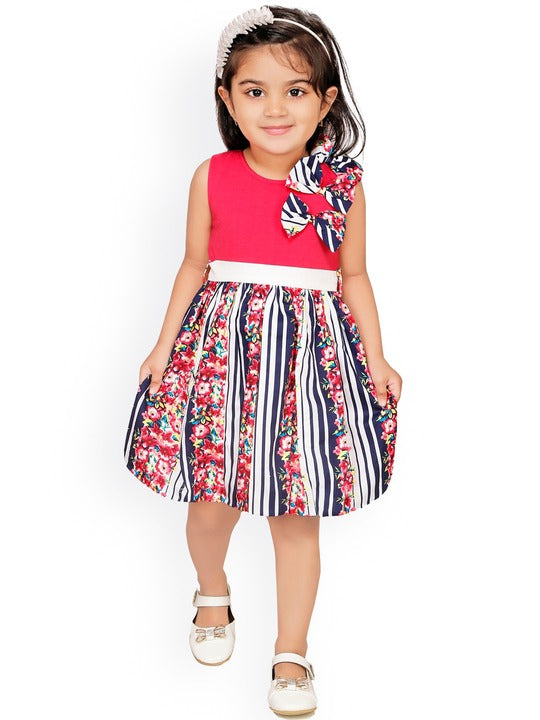 Rassha Pink &amp; Navy Blue Floral Dress with Bow Details